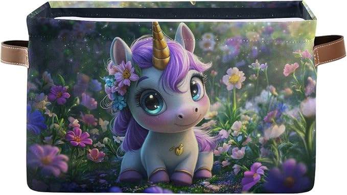 Unicorn Dreamy Green Rectangular Storage Bin Basket with Handles - Laundry Storage Basket Organizer Bins for Pets Room Books Closet