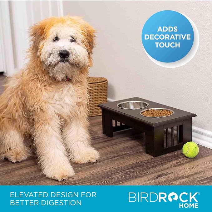INTERNET'S BEST Traditional Elevated Pet Feeder - Raised Dog Food and Water Stand with Stainless Steel Bowls - Adjustable for Small to Medium Breeds - Pet Feeding Station - Espresso - Small
