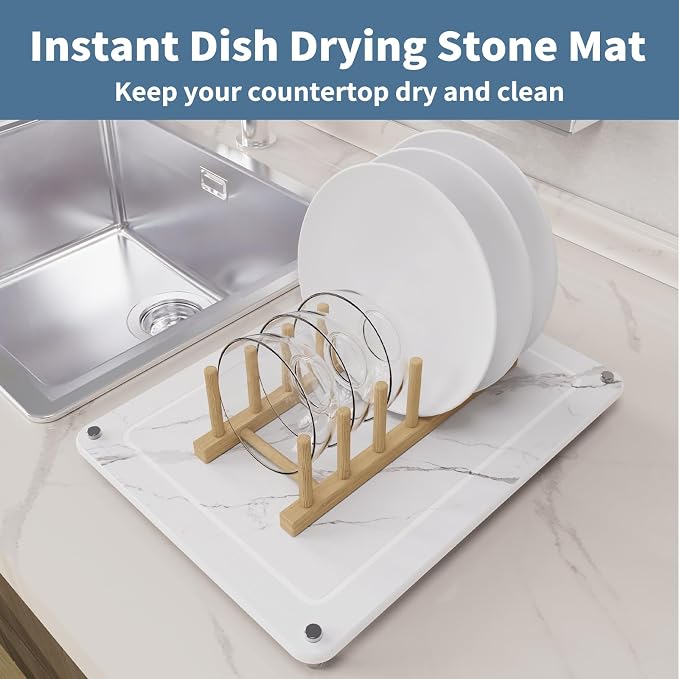 Dish Drying Stone, Water Absorbing Stone Dish Drying Mats for Kitchen Counter, Non-Slip Stone Drying Sink Tray Pad for Dish Bottles Cups, Diatomaceous Earth Sink Caddy Organizer, White Marble