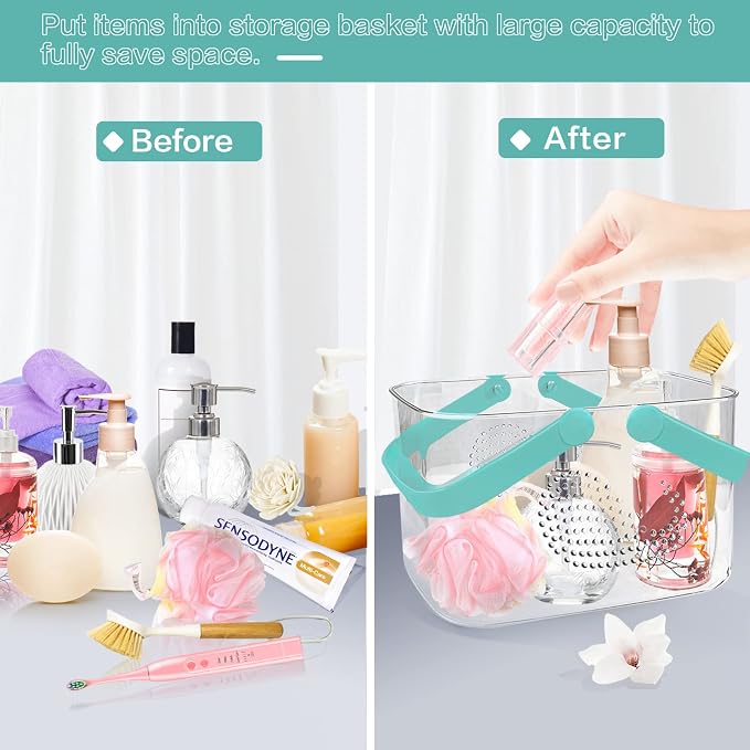 2 Pack Plastic Shower Caddy Basket for Bathroom (White+Cyan) | Portable Shower Caddy Tote Storage Basket with Colorful Handles, Clear Toiletry Organizer Bin for Kitchen College Dorm
