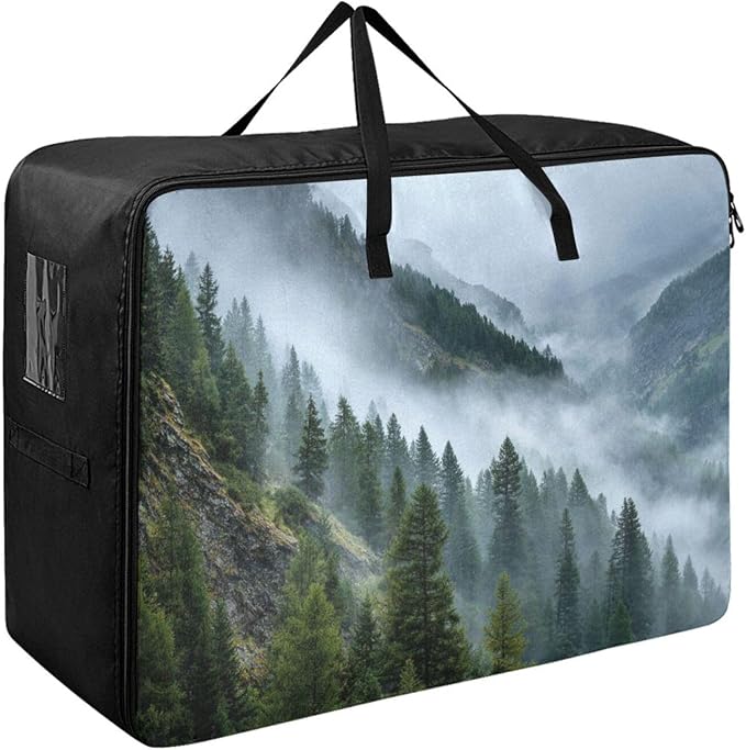 Comforter Storage Bags Large Folding Blanket Organizer Bag with Strong Handles Clear Window Closet Storage Containers for Clothes King Queen Pillows Bedding Quilt Duvet Green Tree Forest Fog