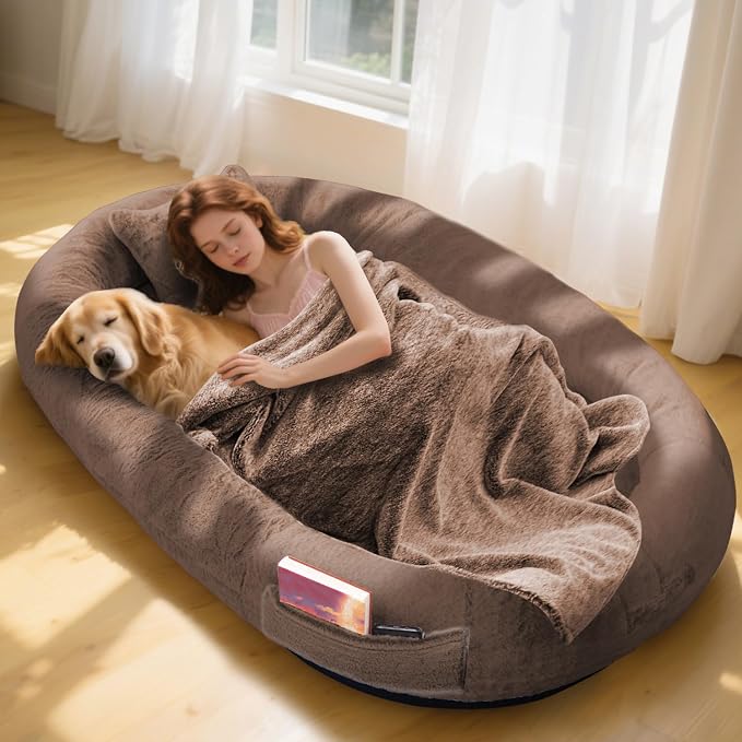 Human Dog Bed,71"x45"x14" Human Size Giant Dog Bed for Adults and Pets,Washable Faux Fur Cover Napping Orthopedic Bean Bag Bed for Humans with Blanket and Pillow,Coffee
