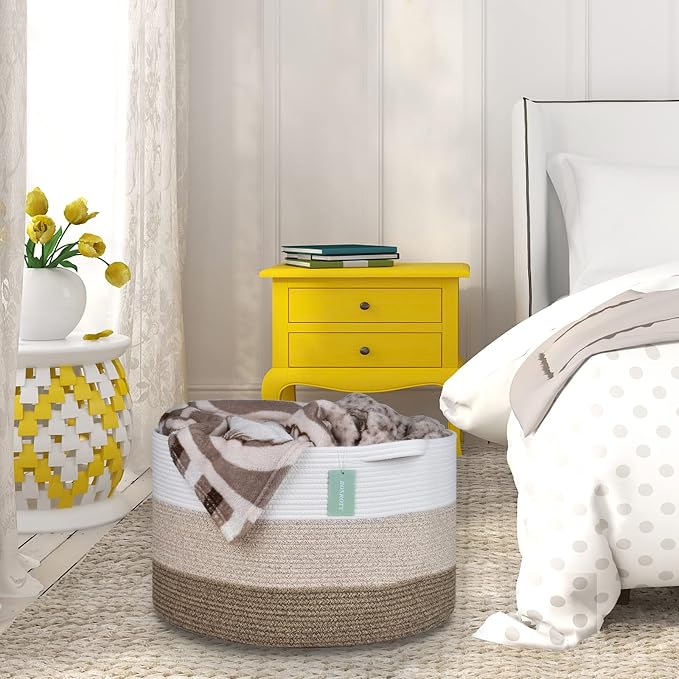 Cotton Rope Blanket Basket, 87L Laundry Hamper, White & Ombre Brown