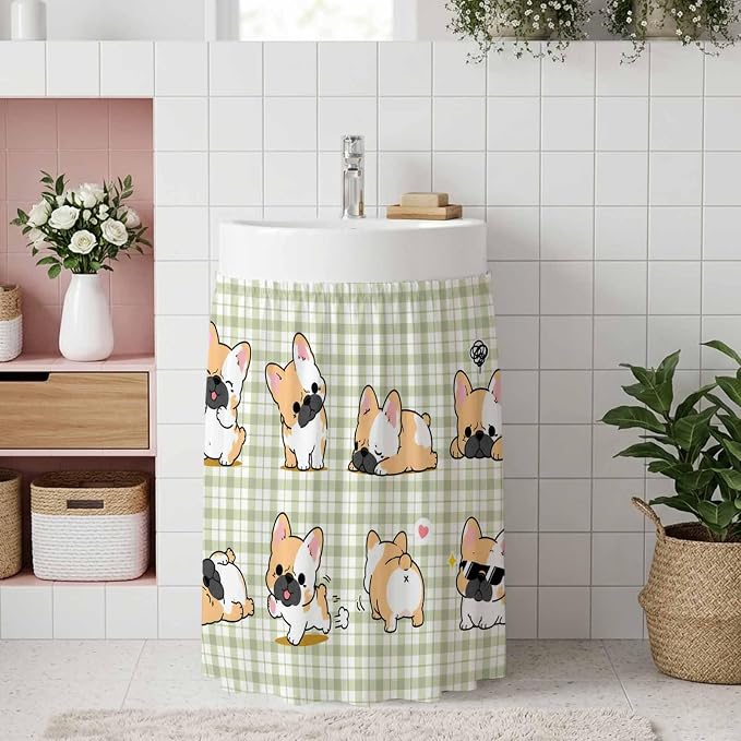 Cute Puppy Oven Skirt Curtain for Kitchen Decor 28"x35", Sage Green Plaid Modern Funny Dogs Pet Self Adhesive Stove Curtains Skirt Cabinet Curtains for Bathroom Laundry Room