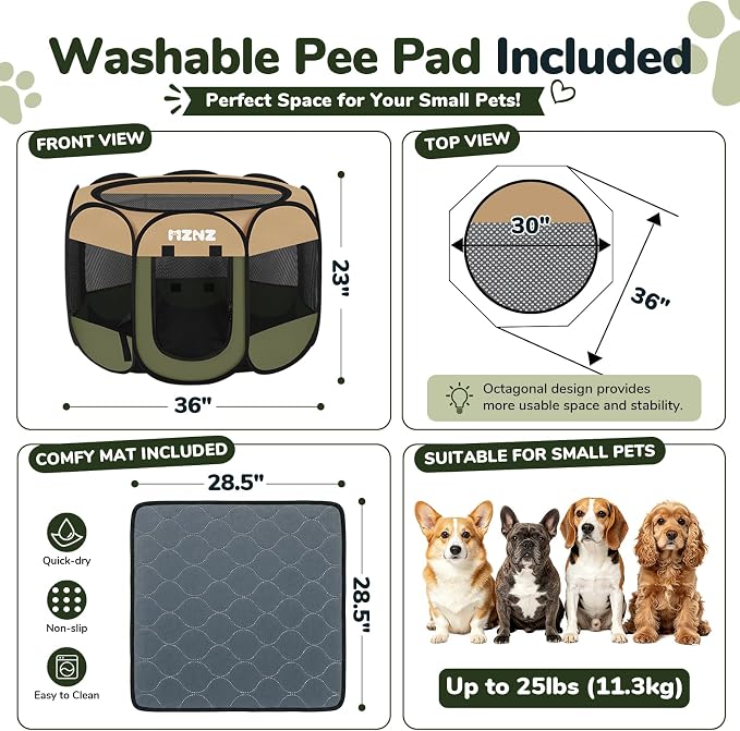 Dog Cat Small Animal Puppy Playpen with Pee Pad, Medium, Olive Green | Portable Pop Up Pet Crate Cage Enclosure Tent Kennel Indoor Outdoor with Carrying Case, No Assembly, Camping Use