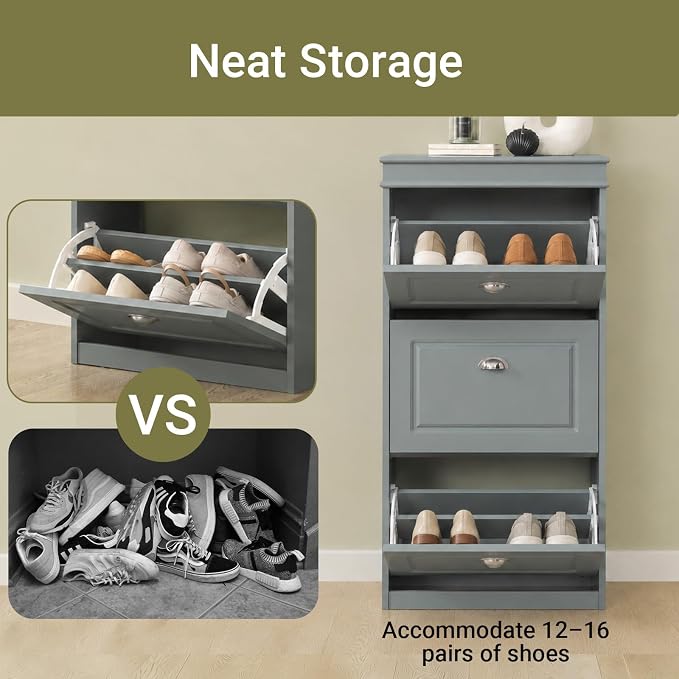 Haotian FSR94-HG, Grey Shoe Storage Cabinet with 3 Flip Drawers, Freestanding Shoe Rack, Shoe Storage Cupboard Organizer(9.4" D x 20.9" W x 46.1" H) | Freestanding Shoe Rack for Entryway, Shoe Organizer with Hidden Drawer, Grey, FSR94-HG
