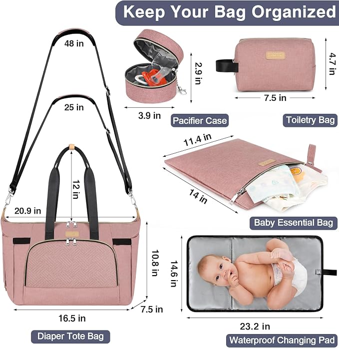 Diaper Bag Tote for Baby 7PCS, Large Mommy Bag with Portable Changing Pad | Multifunctional Hospital Bags for Labor and Delivery with Pacifier Case and Organizer Pouches,Travel Baby Bag for Boy Girl