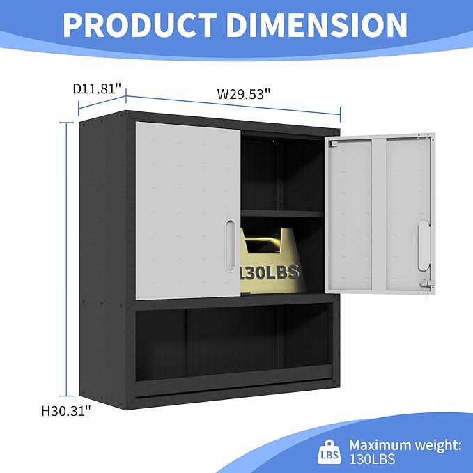 Metal Storage Cabinet for Garage, Tool Cabinet, Utility Cabinet | Wall Mounted, Hanging Tool Cabinet, Lockable, 2 Doors, Open Storage Compartment, Assembly Required, Black & Grey