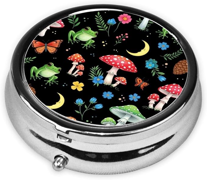Mini Pill Box, Portable Round Organizer for Daily Vitamins, Travel Pill Case Pocket Purse Use, Waterproof Design for Men Women, Moon Frogs Trippy Mushroom Leaves