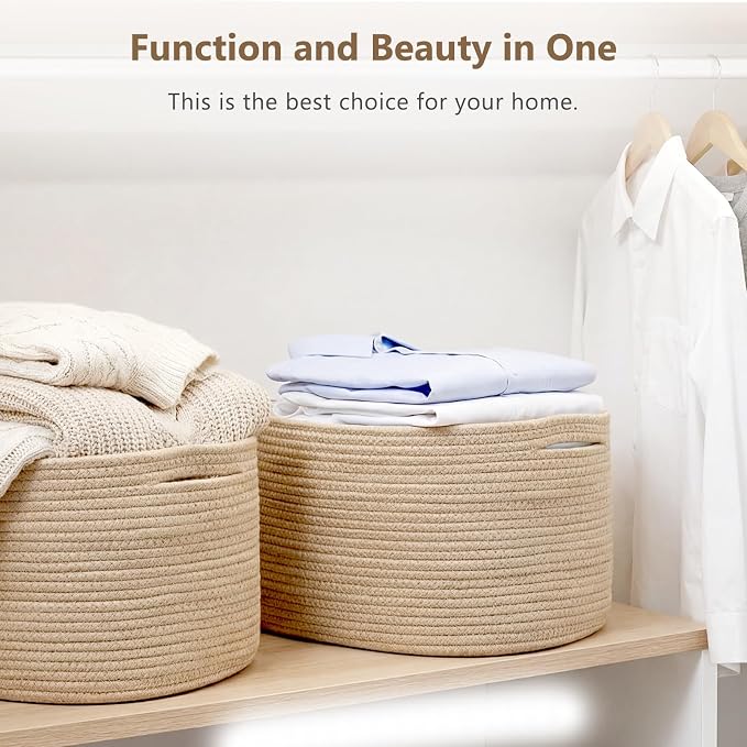 ECDYQXVU 15x10x9 Inch Woven Cotton Rope Storage Basket, 1 Pack | Foldable Design, Built-in Handles, Space-saving Organizer for Living Room, Bedroom, Laundry, Shelves, Clothes, Towels