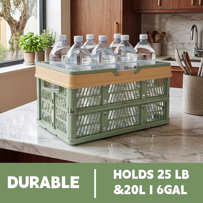 VALESKA Collapsible Crate 20L, Foldable Plastic Milk Crates for Storage, Collapsible Shopping Basket with Handles,Car Trunk Basket,for Kitchen（Green）