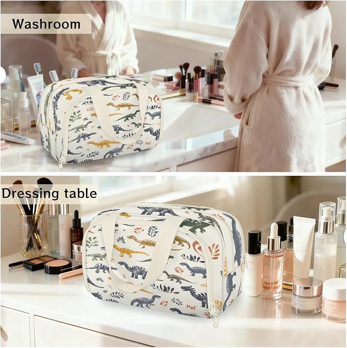 Cute Dinosaurs Footprints Travel Toiletry Bag with Handle | Wet & Dry Separation, Full-Size Bottle Friendly, Leak-Proof, Waterproof, Easy to Clean, for Travel, Gym, Home