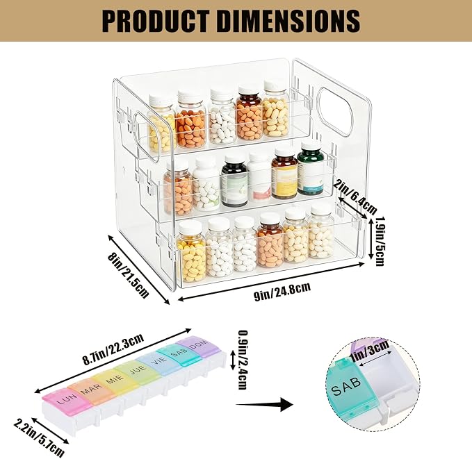 3-Tier Vitamin Storage Organizer with 7-Day Pill Box, Holder for Vitamin Bottles & Medicine Bottle,Supplement Rack for Cabinet Countertop Bathroom Kitchen Pantry, Includes Weekly Pill Organizer