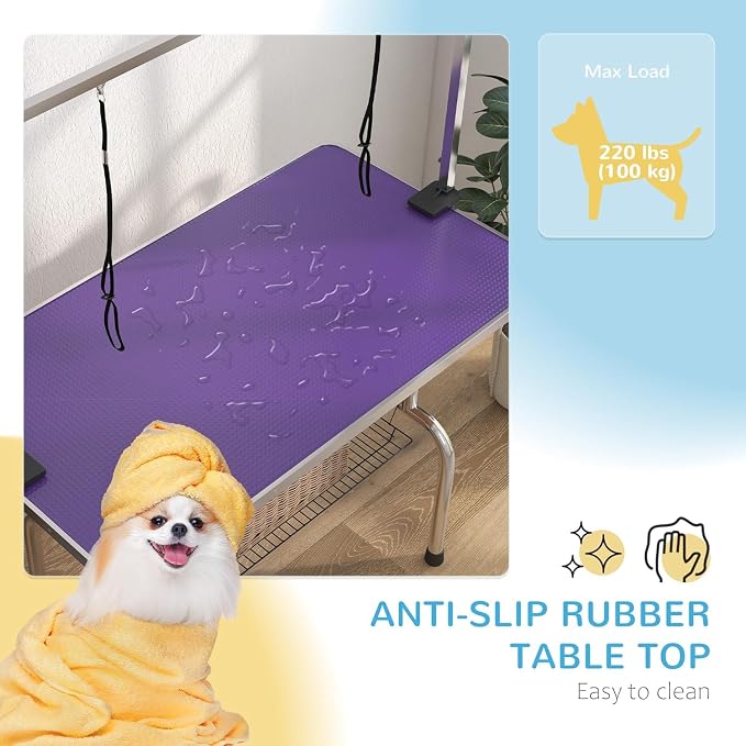 Pet Dog Grooming Table, Foldable Stainless Steel Pet Drying Grooming Table Up to 330lbs, Professional Bathing Desk for Dogs at Home with Adjustable Overhead Arms, Noose, Mesh Tray, 42''/Purple