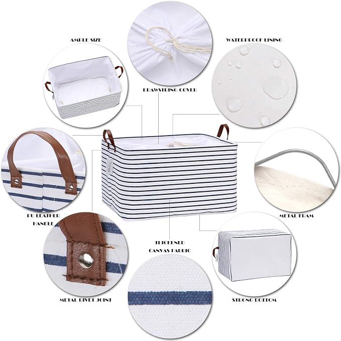 Hinwo 70L Extra Large Canvas Storage Bin with Lid and Handles, 6-Pack | Collapsible Fabric Baskets, Closet Shelf Organizers, Containers for Clothing, Blankets, Toys, Bedding (Navy Stripe)