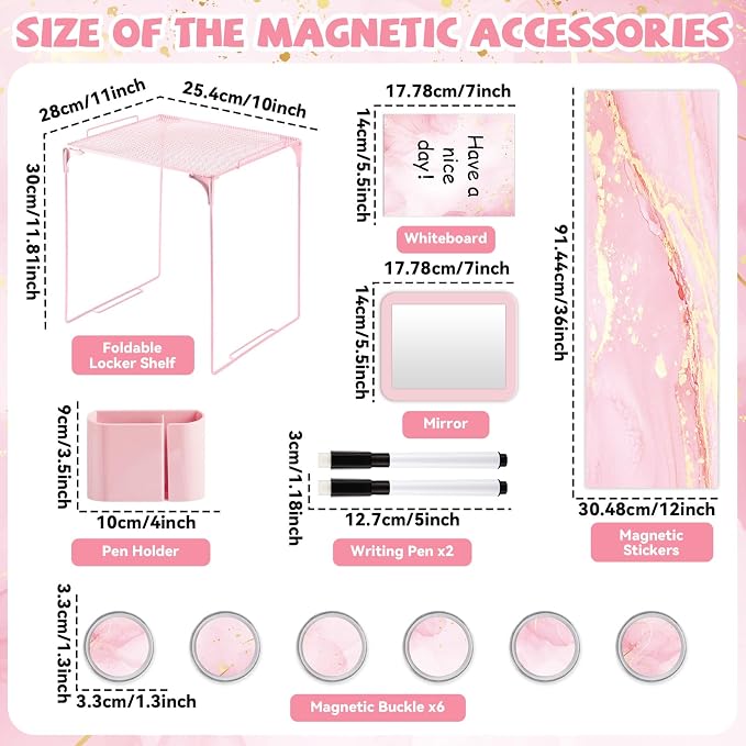 13 Pcs School Lockers Magnetic Decor Locker Accessories Kit with Magnetic Pink Marble Print Whiteboard Locker Shelf Mirror Pen Holder Buckle Sheet Organizer Decoration Essential Back to School Supply
