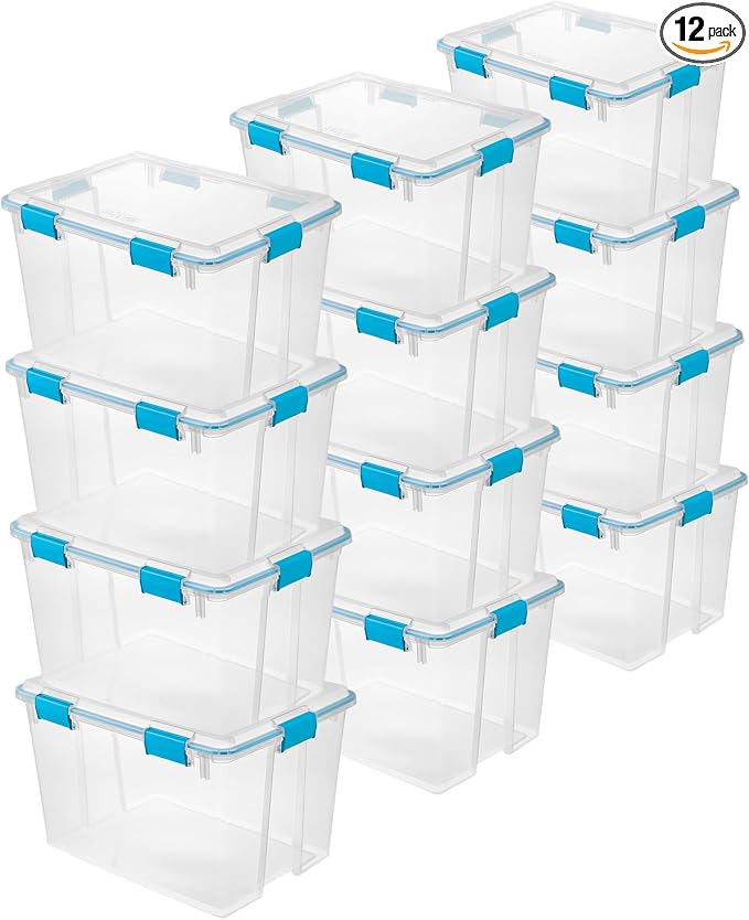Sterilite Gasket Storage Box with Lids for Home & Office, 80 Quart, 12-Pack | Heavy-Duty, Stackable, and Organizing Containers for Bathroom, Cabinet, Closet, and Garage, Clear and Blue Aquarium Latches