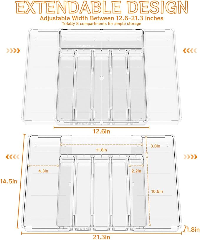 Clear Expandable Silverware Drawer Organizer - Adjust From 11'' to 22'' - Knife,Cutlery,Spoons and Forks Organizer,Large 8 Grid Flatware,Silverware Tray,Utensil Organizer for Kitchen Drawers