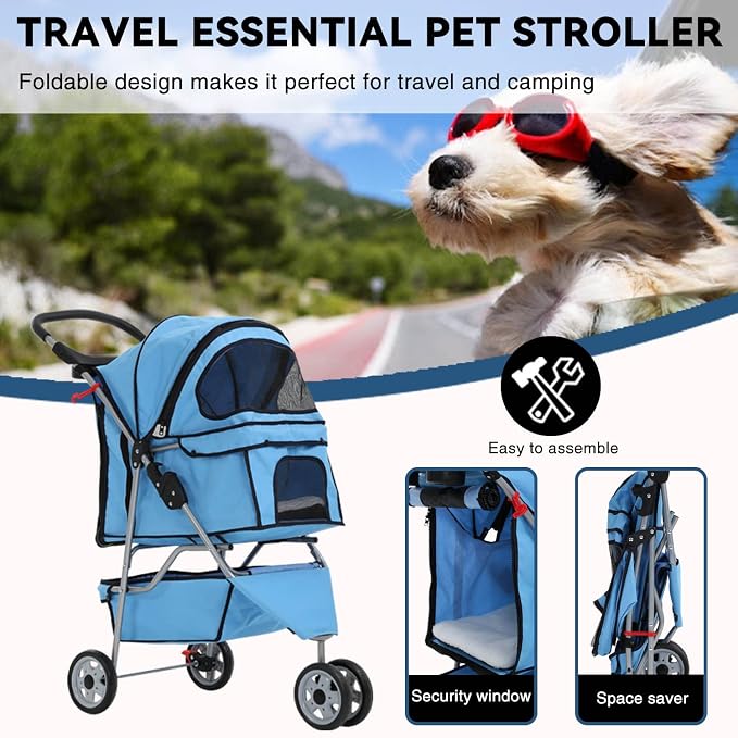 Dog Cart, 3 Wheels Pets Stroller, Folding Carrier Waterproof Puppy Stroller with Cup Holder & Removable Liner, Dog Strollers for Small Dogs, for Small and Medium Pets (Blue)