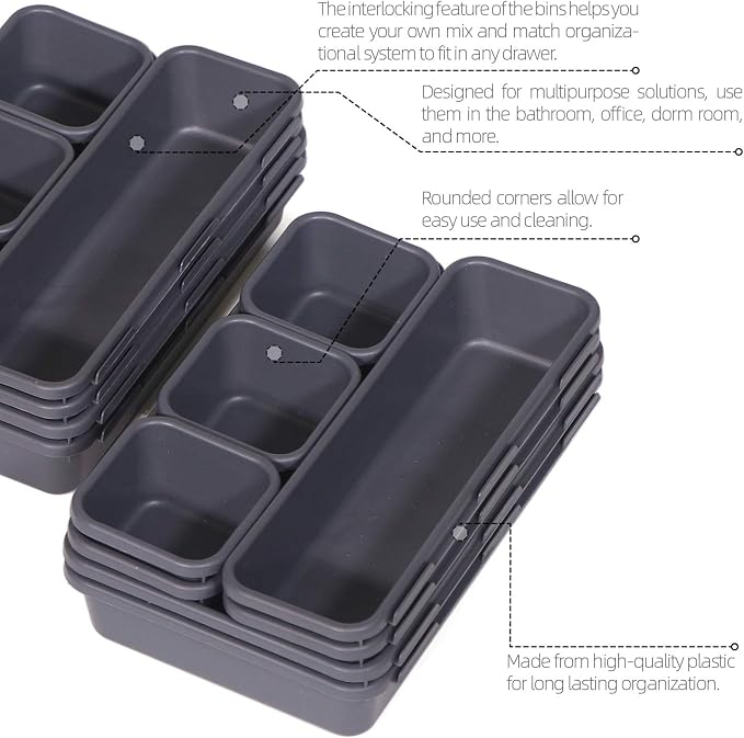 Set of 24 Interlocking Desk Drawer Organizer Tray Dividers Plastic Shallow Narrow Drawers Organizers Separators Storage Bins Container for Kitchen Bathroom Makeup Office Vanity Bedroom Dresser