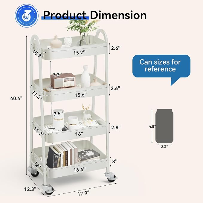 OLIXIS Metal 4 Tiers Rolling Storage Utility Cart with Lockable Wheels | Mobile Organizer Shelf, Space-Saving, Freestanding, Bathroom, Living Room, Slim, Narrow Corner Spaces, White