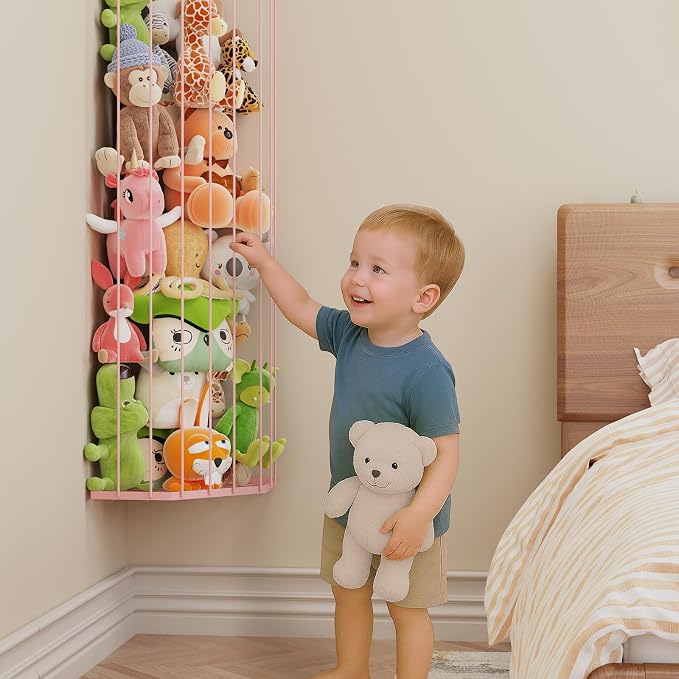 BBLlKE Stuffed Animal Storage Zoo - Corner Plush Toy Organizer Length Adjustable, Wall Hanging Stuffed Animal Net Holder for Nursery Playroom Bedroom Kids Room, Pink