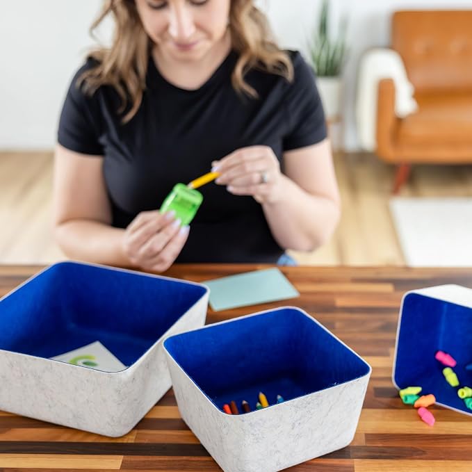 Three by Three Seattle Tapered Felt Storage Bins 2-Pack 9x9 Cream/Navy | Recycled felt tapered bins; soft non-scratch; 5"x5" fits most drawers; organize desk, office, bathroom, bedroom & entryway