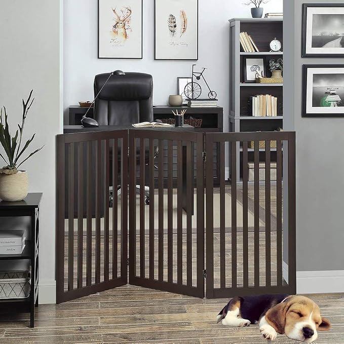 unipaws 36”H Free Standing Pet Gate for Dog Cat, 60”Wide Wooden Dog Gates | Foldable Pet Fence for Doorway, Stairs, Step, Expandable Doggy Barrier, Indoor Use