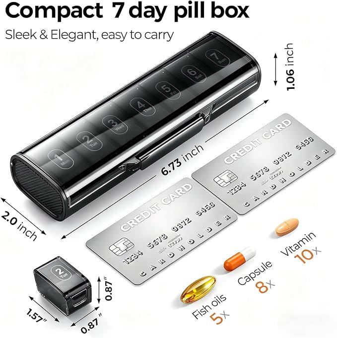 Weekly Pill Organizer,Portable 7 Day Pill Box,Moisture Proof Medicine Pill Organizer,Travel Pill Case with BPA-Free Material,Pocket-Size for Supplements & Vitamins (Black)
