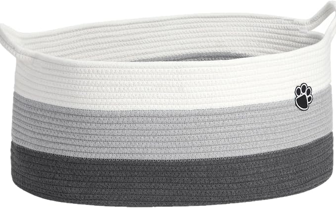 Optish 40L Extra Large Dog Toy Basket, 20" x 14" x 9" XL Toy Storage Box and Bin with Handles, Woven Cotton Rope Foldable Basket for Blankets, Living Room, Bedroom, Home Decor, White & Grey