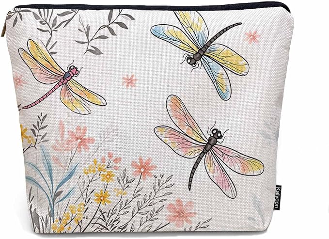 Makeup Bag For Purse Dragonfly, Garden Dragonflies Flowers Nature Cosmetic Bags For Women With Zipper Travel Toiletry Pouch Makeup Bags Makeup Organizers Purse For Toiletries Cosmetics