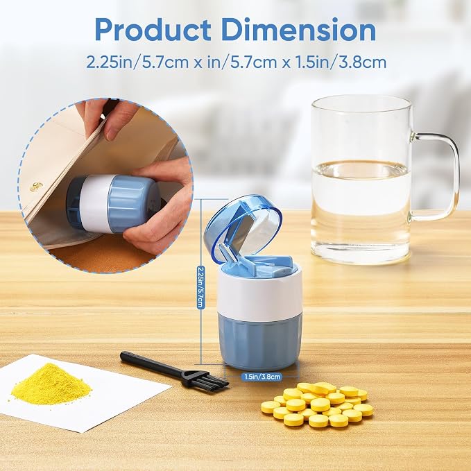 3-in-1 Pill Crusher and Cutter (Blue) | Pills Crusher Fine Powder with Stainless Steel Grinding Head, Storage for Tablets, Cutter Splitter for Small and Tiny Pills