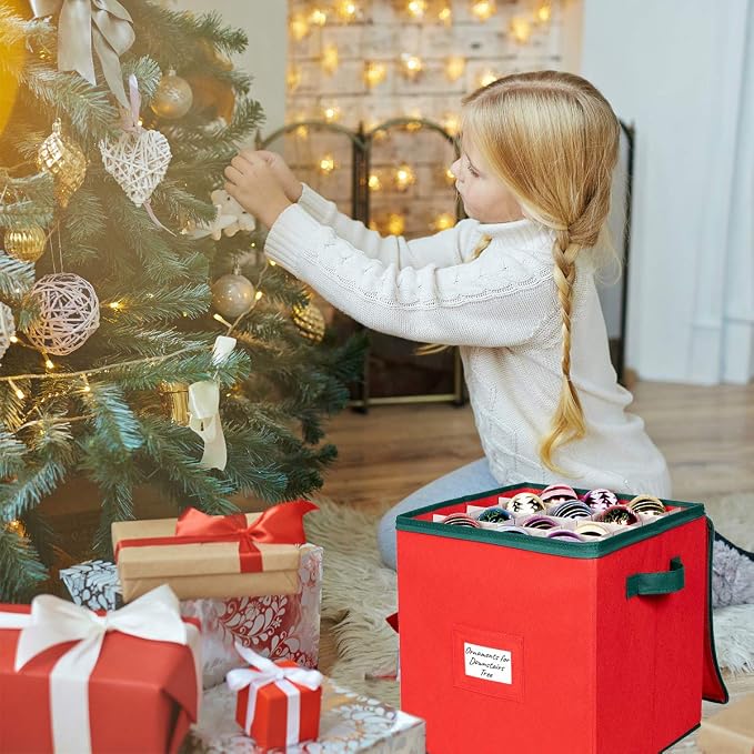 HOLDN’ STORAGE Christmas Ornament Storage Box Christmas Decor Storage Containers that Store up to 64 – 3” x 3” Holiday Xmas Ornaments – Adjustable Compartment To Fit Many Sizes Ornaments – Red