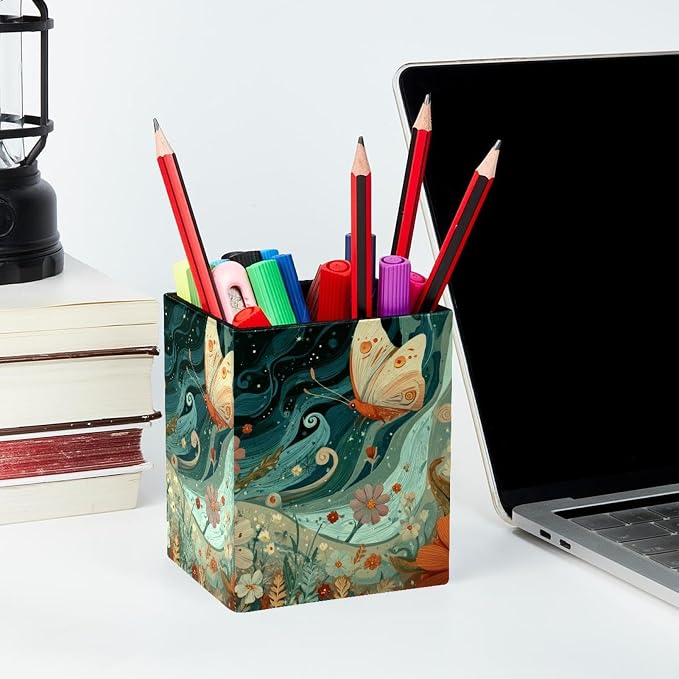 Butterfly Pen Holder for Desk Decor, Rectangular PVC Leather Pencil Cup for Desk Pen Organizer, Makeup Brush Holder for School, Home, Office