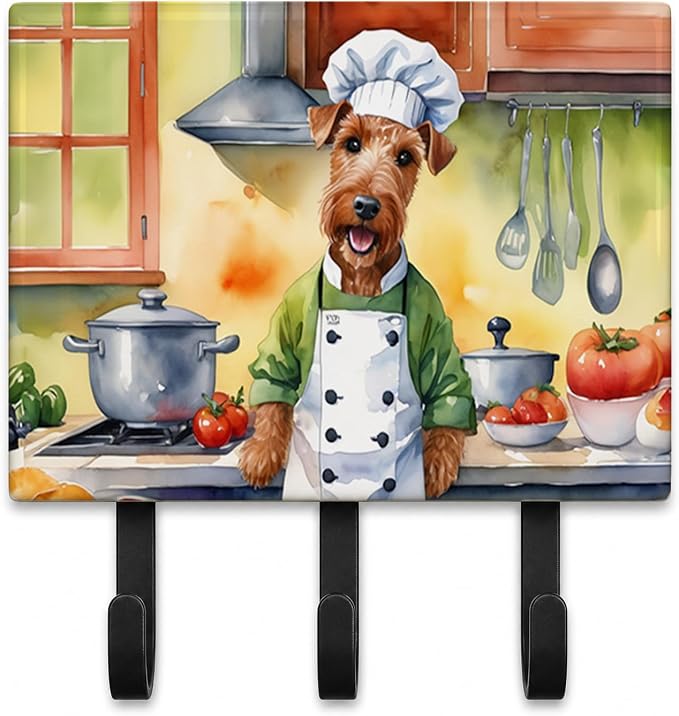 Caroline's Treasures Irish Terrier The Chef Leash or Key Holder Wall Hooks, Key Hooks Holder, Coat Rack Wall Mount, Coat Hooks, Hooks for Hanging Keys, Towels, Aprons, Leashes | Irish Terrier The Chef artwork on ceramic tile with three steel hooks for ...
