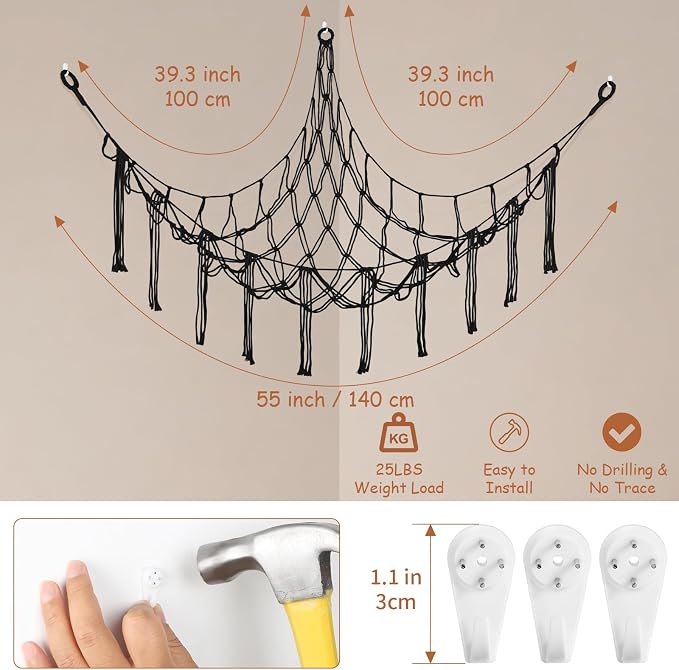 Stuffed Animal Storage Hammock Corner,55 Inch Large No Drill Toy Net,Black | Handcrafted Natural 100% Cotton Stuffy Hammock,Boho Macrame Toy Net,Stuffed Animals Storage Plush Holder,Nursery Room Decor