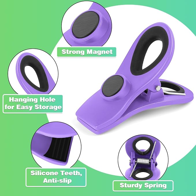 12 Pack Chip Clips, Bag Clips for Food, Magnetic Sealers for Chips and Other Food, Plastic Bag Clip for Kitchen, Fridge, Clothes, Sewing and Artwork (Purple)