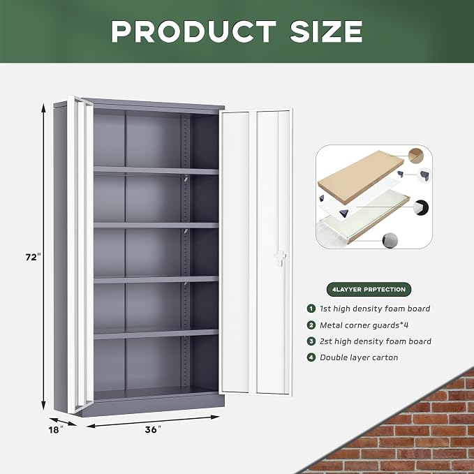 Greenvelly Metal Storage Cabinet, 72" Locking Metal Garage Storage Cabinet with Doors and 4 Adjustable Shelves, Lockable Steel Cabinet for Home Office, Garage, Shop, School (White Grey 36" W x 18" D)