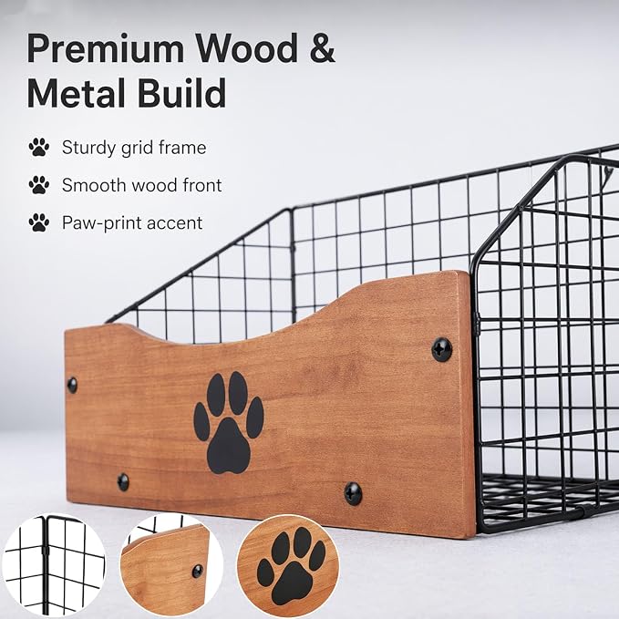 Dog Toy Basket, Wooden Dog Toy Box with Metal Wire Bin, Foldable Pet Toy Storage Organizer with Paw Print Design, Open Dog Toy Holder for Toys, Cat Toys, Blankets, Leashes and Treats, Walnut Brown