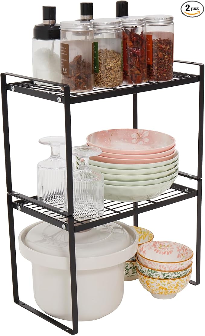 MiaLi Cabinet Organizer Shelf, Set of 2 Metal Counter Shelves Spice Rack, Stackable Kitchen Bathroom Organizers and Storage, Black