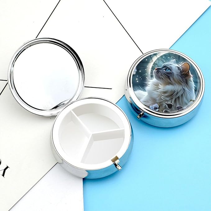 White Cat Pattern Metal Round Pill Box, 3 Compartment Travel Organizer, Portable Pill Container with Secure Latch, 2 Inch Circular Vitamin Caddy for Pills and Vitamins, Gift for Him Her Elderly