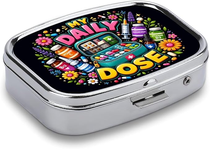 Daily Dose Vitamins Supplements Health Care Two Compartment Pill Box Medicine Organizer, Portable Pill Case with Secure Snap Closure for Vitamins Medication Supplements Daily Use