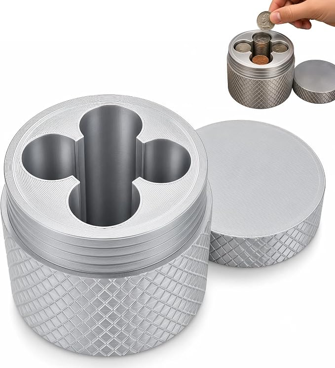 Precision USD Coin Holder and Change Organizer for Car & Desk – Sleek Metallic Silver Storage Dispenser for Quarters, Nickels, Dimes, and Pennies, Compact Travel EDC Hardware