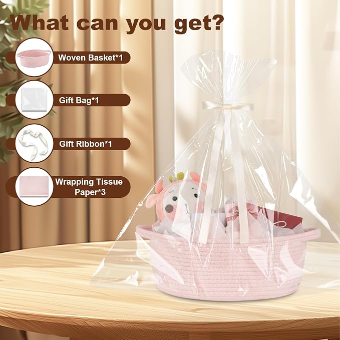 OIAHOMY Gift Basket with Handle, 13.4"x 10"x 5.5" Woven Basket with Gift Bag, Ribbon and Wrap Tissue Paper, Nursery Bins Empty to Fill with Towels, Baby, Pet Toy Organizer - Pink