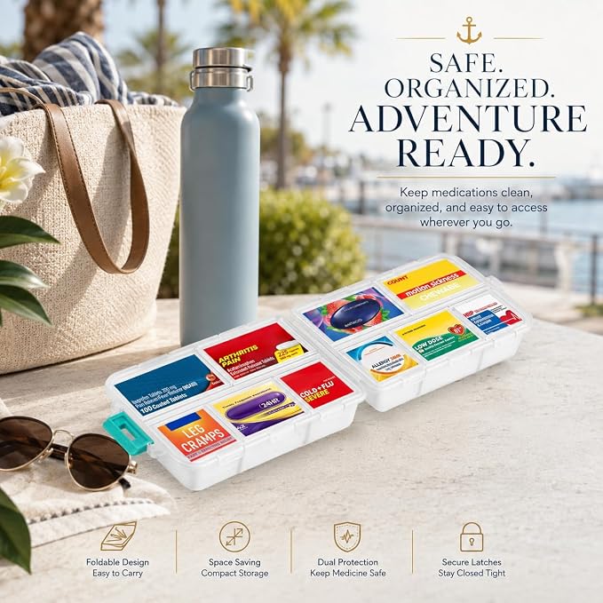 Extra Large Pill Organizer with 161 Medicine Labels, Travel Pill Case | White Extra large case with 10 compartments for 7-day pill planning, vitamins, supplements, and travel