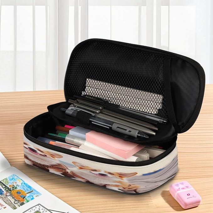 Two Cute Corgi Dogs Beach Pet Pencil Case Pouch, Big Capacity Waterproof Pen Bag for Students Teens Adults, Large Storage Organizer for Stationery