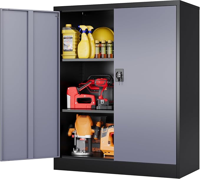 Small Metal Cabinet with Shelves,36 inch Garage Storage Cabinet with Lock,Gray Metal Storage Cabinets with Locking Doors,Small Steel Lockable Cabinets for Home,Office,Shop,Garage