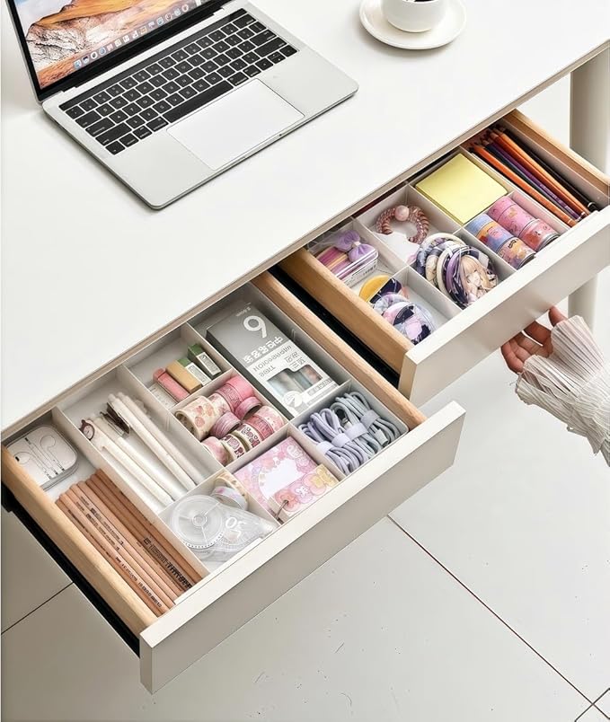 Expandable Drawer Storage Box with 6 Removable Dividers - 2.04" Depth for Light Drawers, Kitchen Utensils, Cosmetics, Office Supplies Organizer (10.43" Length, 20.27" Width)