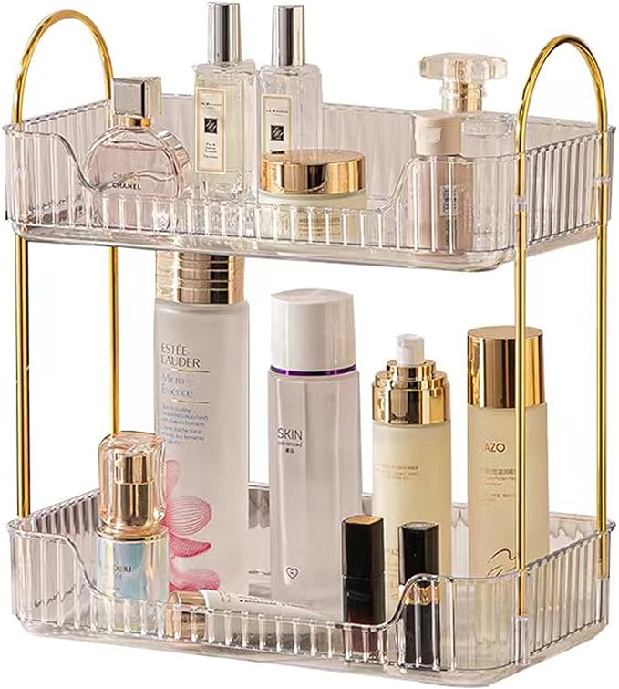 shuang qing 2 Tier Bathroom Counter Organizer Countertop Storage, Cosmetics Skincare Shelf Organizer, Makeup Organizer Perfume for Dresser Vanity Tray, Spice Rack Organizer for Kitchen - Clear
