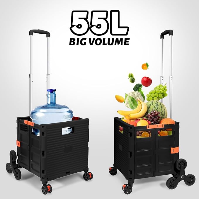 FELICON SELORSS Folding Utility Climber Cart Portable Rolling Crate-Black | Stair Climbing Wheels+360°Swivel Wheels,Telescoping Handle,Plastic Box Dolly for Travel Shop Move Laundry Office Teacher Use